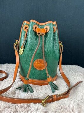 Dooney & Bourke Vintage AWL Drawstring Bucket Bag Forest Green British Tan USA